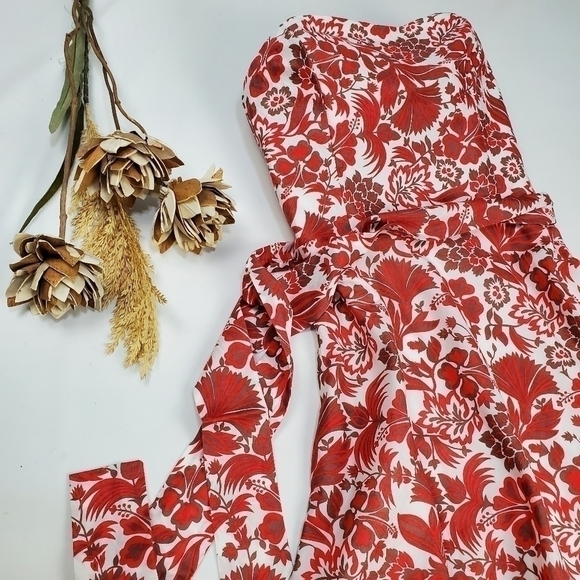 🔴 Campaign Brown Red Floral Belted Strapless Dress Size 6 - Picture 3 of 15